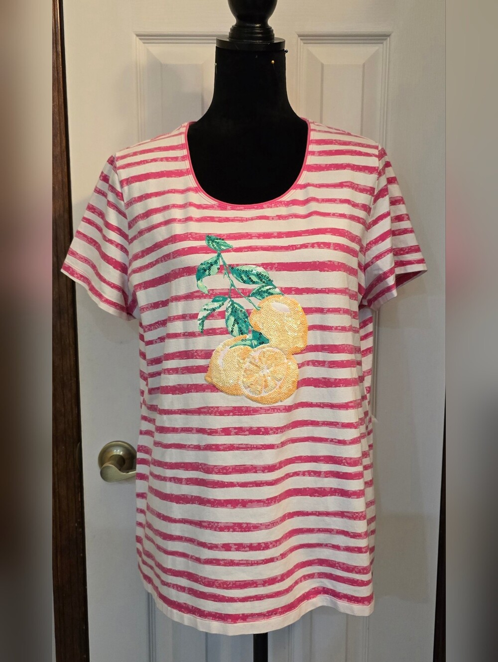 Kim Rogers Size XL Top Short Sleeve Pink White Striped Sequined Lemon Applique